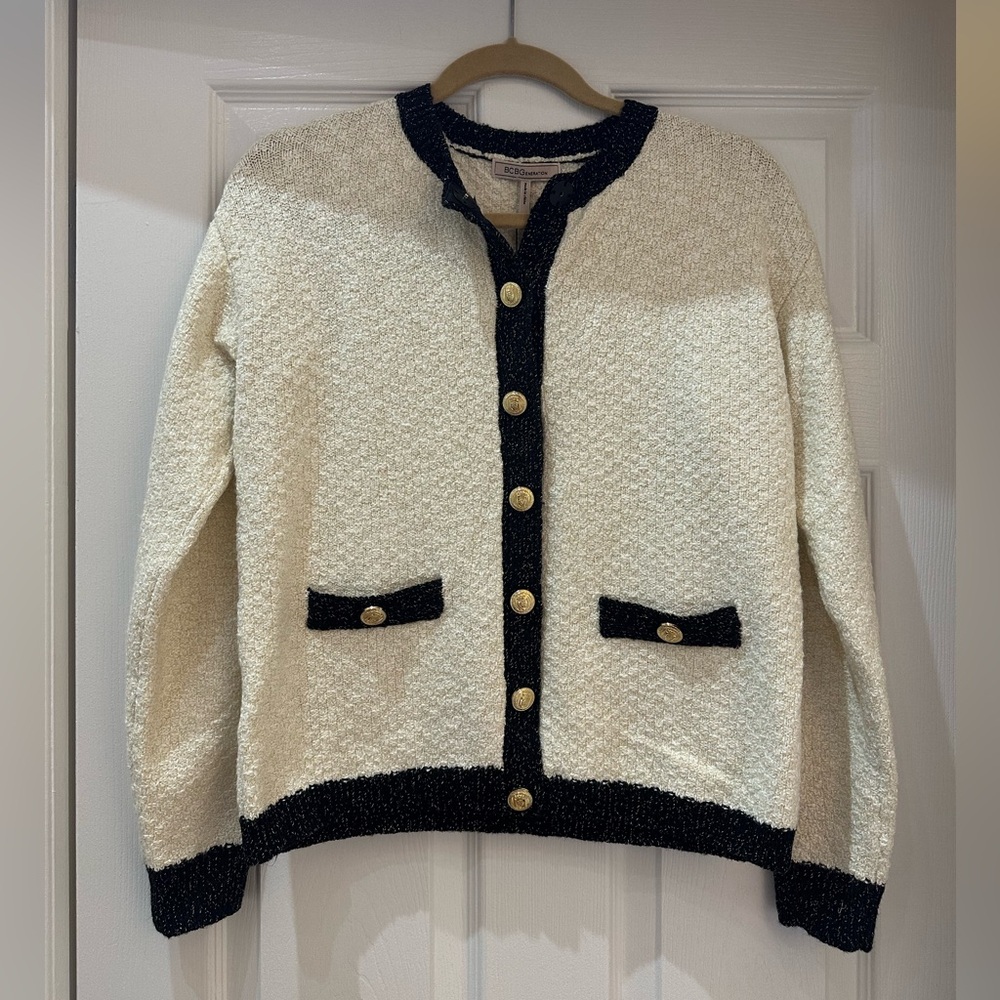 NWT BCBGeneration Cream and Black Cardigan with Gold Buttons